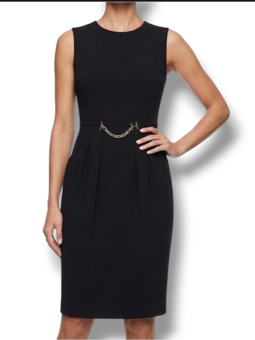 NWT HALSTON Modern Glam Black Sleeveless Scuba Sheath Dress Gold Chain - Size 4